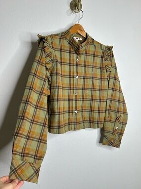 AMO 100% Cotton Plaid Ruffle Flannel Button Down Long Sleeve Shirt Size Small